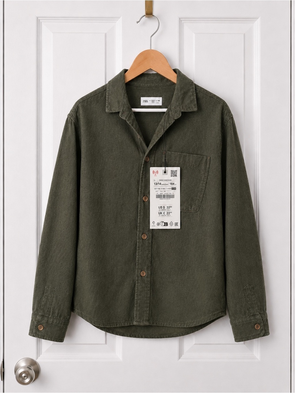 Zara NWT Boys Olive Green 100% Cotton Utility Shirt Sz 13-14 Teen 164cm